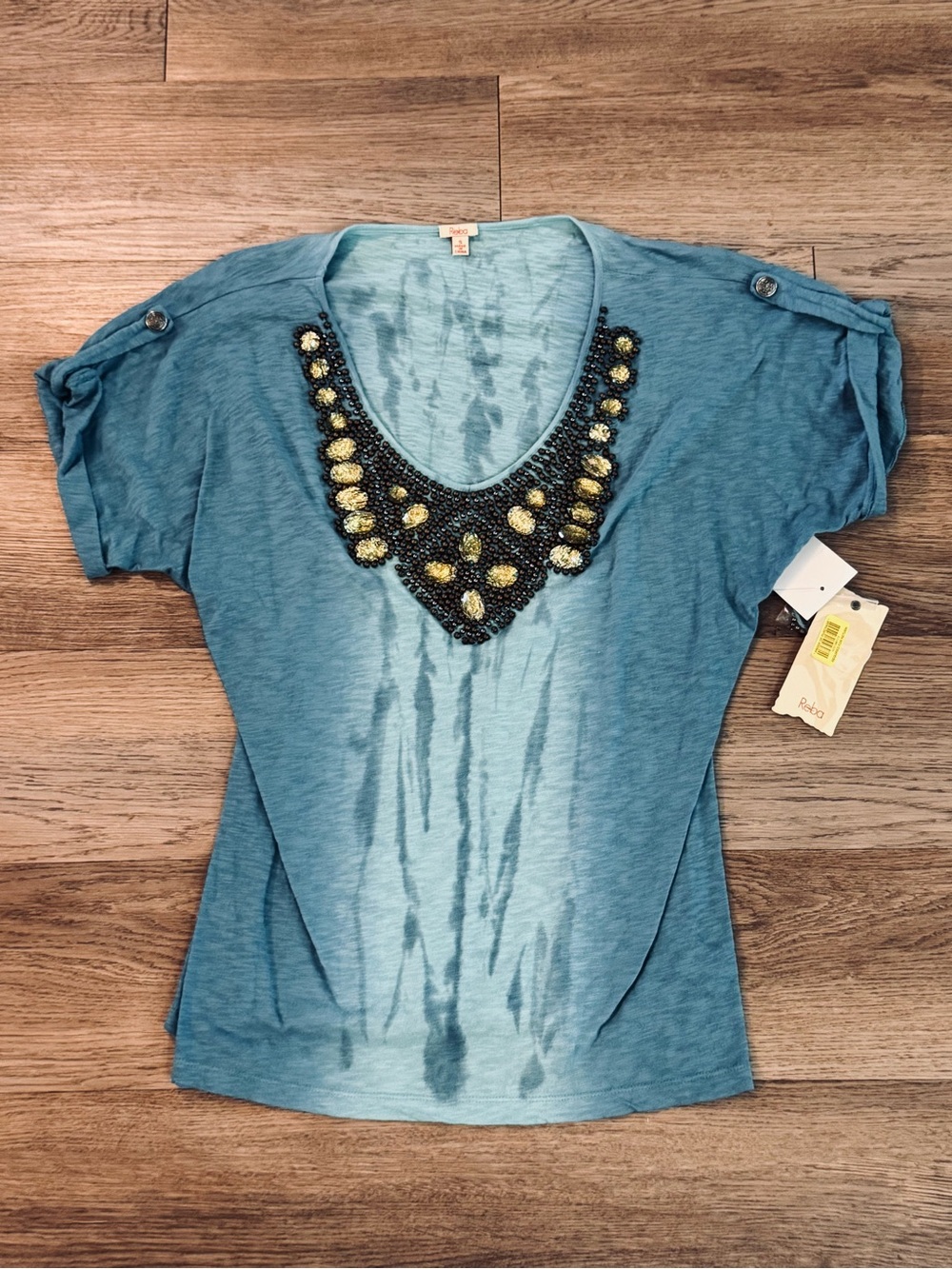 NWT Reba Blue Tie Dye V Neck Roll Tab Sleeve Chunky Beaded Soft Top S